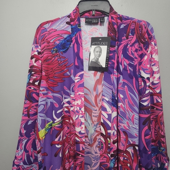 Attitudes by Renee Vibrant Pink and Purple Kimono Size XSP Novelty Brints Birds - Picture 2 of 8